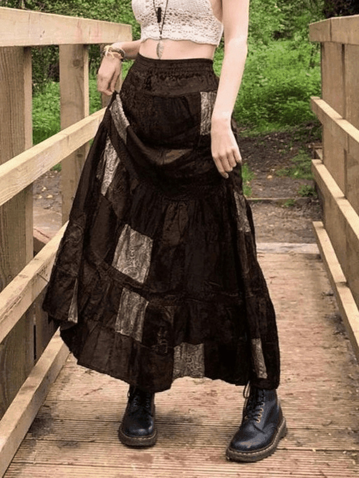 Coquette Aesthetic Patchwork Velvet Maxi Skirt - Y2K Fashion Statement Piece Coquette Aesthetic Patchwork Velvet Maxi Skirt - Y2K Fashion Statement Piece