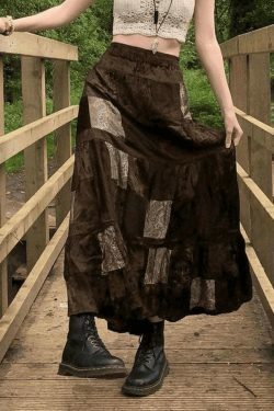 Coquette Aesthetic Patchwork Velvet Maxi Skirt - Y2K Fashion Statement Piece