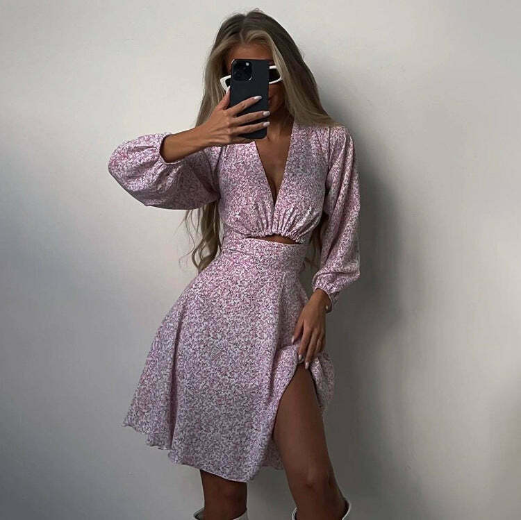 Coquette Aesthetic Pink V-Neck Dress for Women - Y2K Fashion Long-Sleeved Outfit Coquette Aesthetic Pink V-Neck Dress for Women - Y2K Fashion Long-Sleeved Outfit