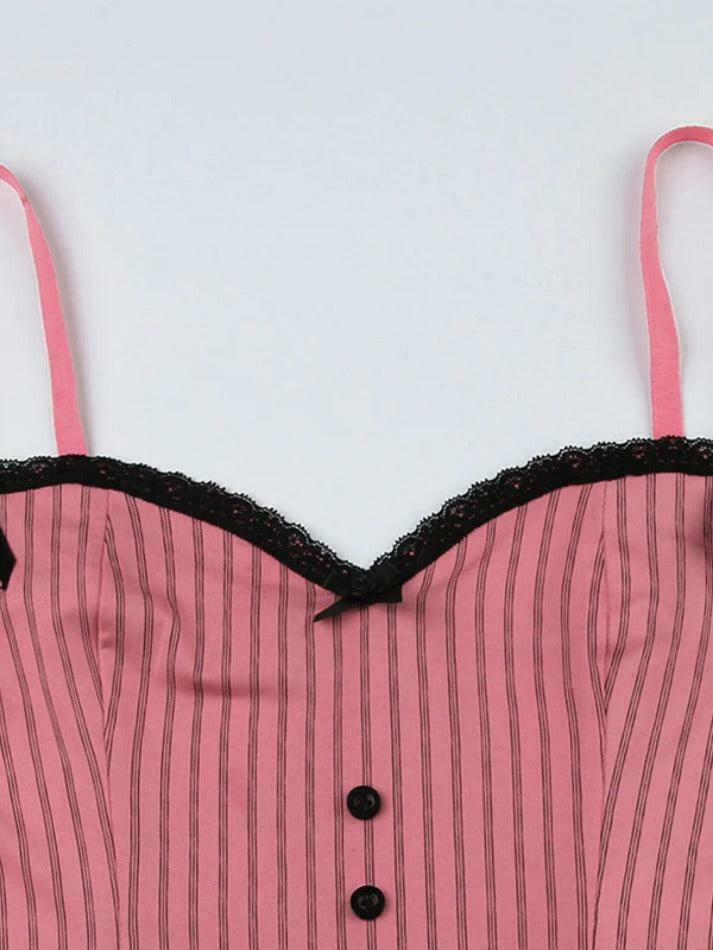 Coquette Aesthetic Pinstripe Cami with Lace Trim - Y2K Fashion Statement Coquette Aesthetic Pinstripe Cami with Lace Trim - Y2K Fashion Statement