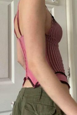 Coquette Aesthetic Pinstripe Cami with Lace Trim - Y2K Fashion Statement