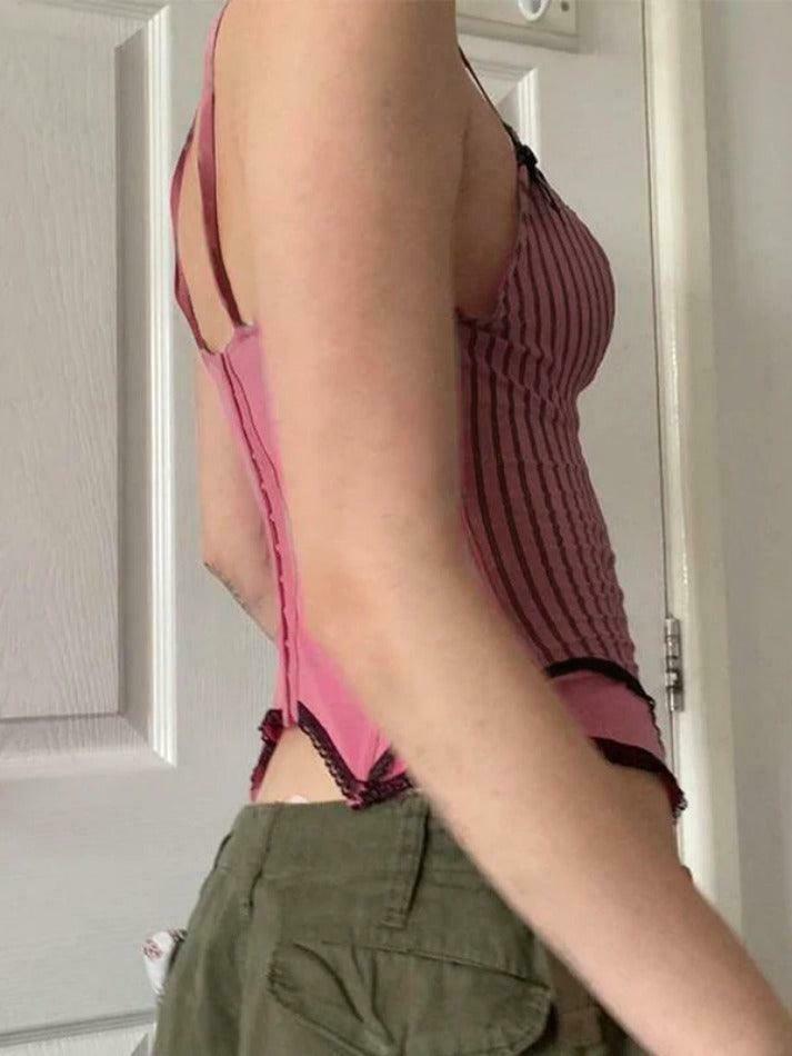 Coquette Aesthetic Pinstripe Cami with Lace Trim - Y2K Fashion Statement Coquette Aesthetic Pinstripe Cami with Lace Trim - Y2K Fashion Statement