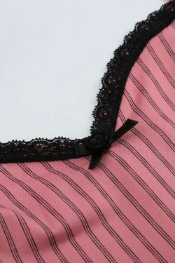 Coquette Aesthetic Pinstripe Cami with Lace Trim - Y2K Fashion Statement