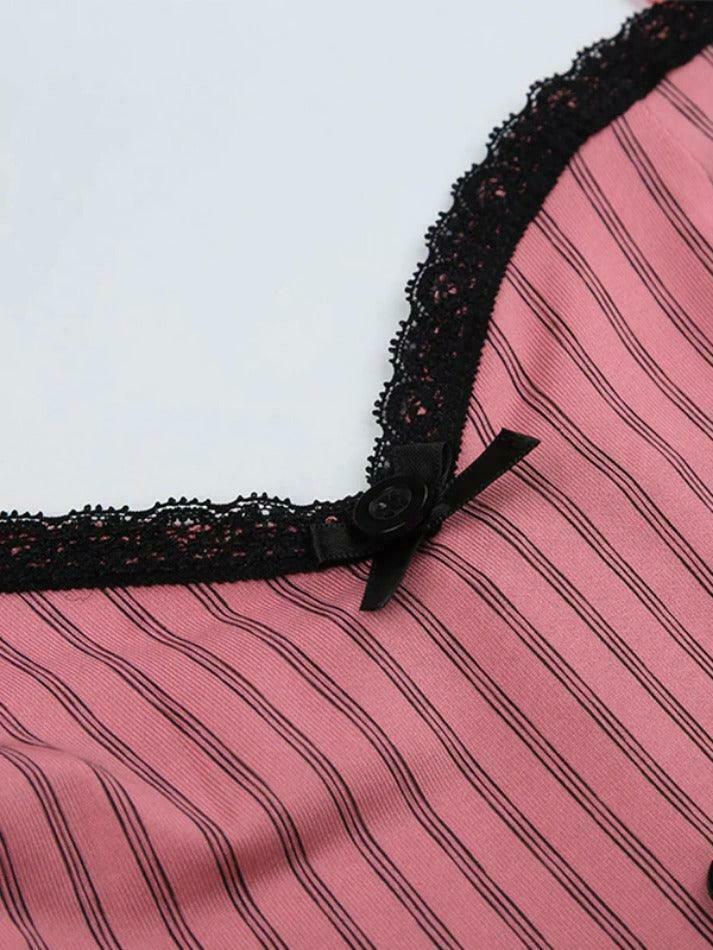 Coquette Aesthetic Pinstripe Cami with Lace Trim - Y2K Fashion Statement Coquette Aesthetic Pinstripe Cami with Lace Trim - Y2K Fashion Statement