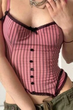 Coquette Aesthetic Pinstripe Cami with Lace Trim - Y2K Fashion Statement