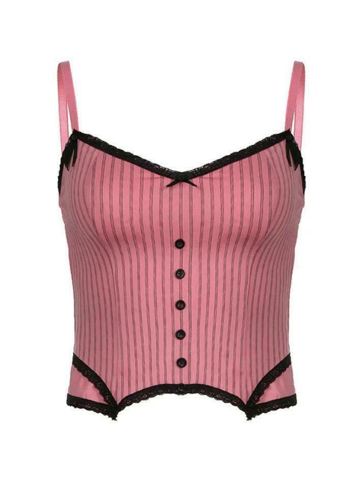 Coquette Aesthetic Pinstripe Cami with Lace Trim - Y2K Fashion Statement Coquette Aesthetic Pinstripe Cami with Lace Trim - Y2K Fashion Statement