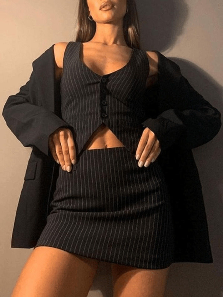 Coquette Aesthetic Pinstripe Detail Two Piece Set - Y2K Fashion Women's Outfit Coquette Aesthetic Pinstripe Detail Two Piece Set - Y2K Fashion Women's Outfit