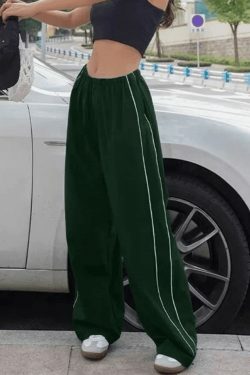 Coquette Aesthetic Piping Detail Wide Leg Track Pants