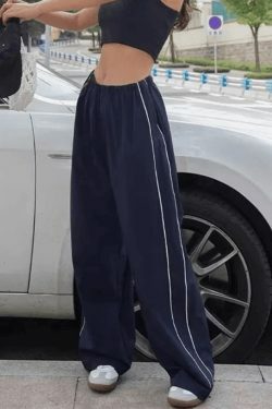 Coquette Aesthetic Piping Detail Wide Leg Track Pants