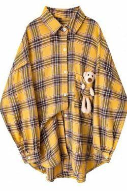Coquette Aesthetic Plaid Shirt with Bear Detail - Y2K Fashion Statement