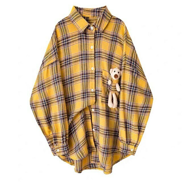 Coquette Aesthetic Plaid Shirt with Bear Detail - Y2K Fashion Statement Coquette Aesthetic Plaid Shirt with Bear Detail - Y2K Fashion Statement