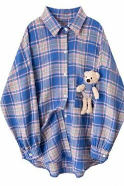 Coquette Aesthetic Plaid Shirt with Bear Detail - Y2K Fashion Statement