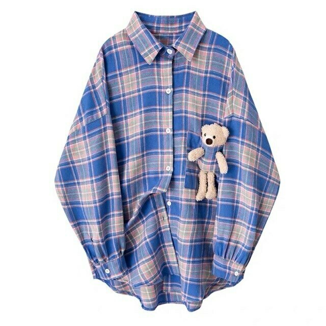 Coquette Aesthetic Plaid Shirt with Bear Detail - Y2K Fashion Statement Coquette Aesthetic Plaid Shirt with Bear Detail - Y2K Fashion Statement