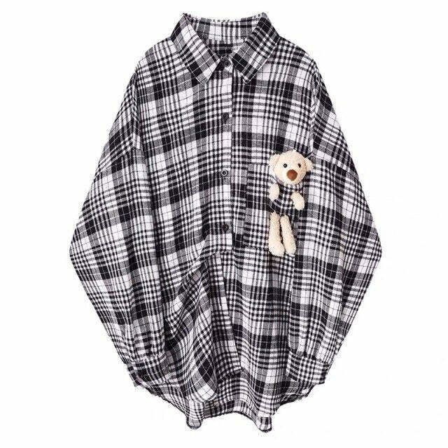 Coquette Aesthetic Plaid Shirt with Bear Detail - Y2K Fashion Statement Coquette Aesthetic Plaid Shirt with Bear Detail - Y2K Fashion Statement