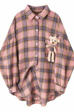 Coquette Aesthetic Plaid Shirt with Bear Detail - Y2K Fashion Statement