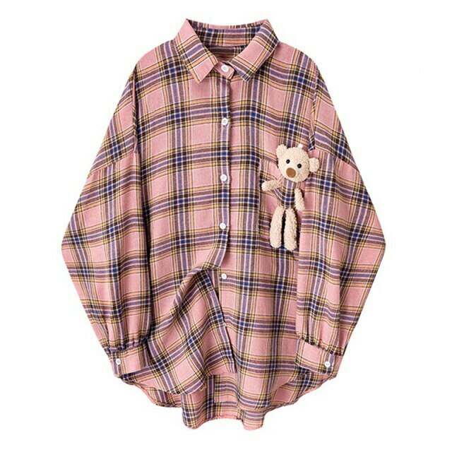 Coquette Aesthetic Plaid Shirt with Bear Detail - Y2K Fashion Statement Coquette Aesthetic Plaid Shirt with Bear Detail - Y2K Fashion Statement