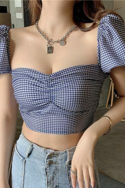 Coquette Aesthetic Plaid Shirt with Bow Square Collar & Puff Sleeves