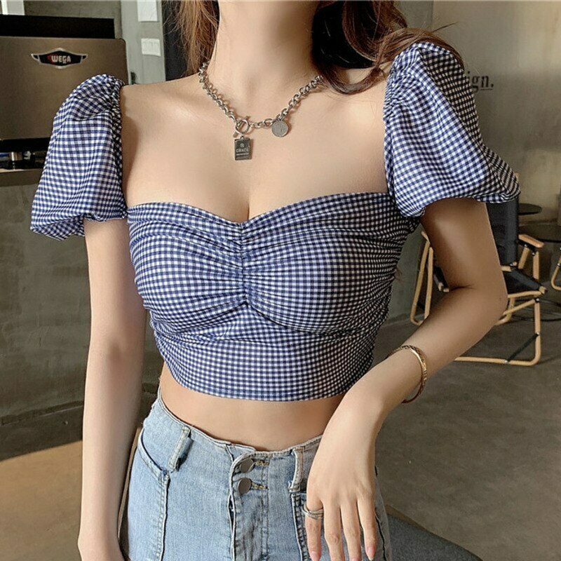 Coquette Aesthetic Plaid Shirt with Bow Square Collar & Puff Sleeves