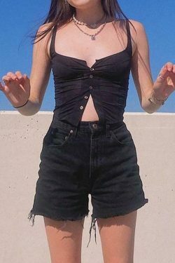 Coquette Aesthetic Plain Button-Up Crop Cami Top in Y2K Fashion Style