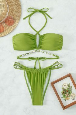 Coquette Aesthetic Pleated Beach Bikini - Y2K Fashion Halter Top