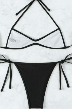 Coquette Aesthetic Pleated Beach Bikini - Y2K Fashion Halter Top