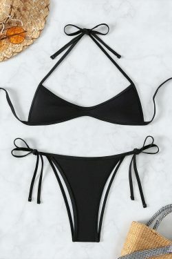 Coquette Aesthetic Pleated Beach Bikini - Y2K Fashion Halter Top