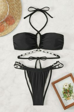 Coquette Aesthetic Pleated Beach Bikini - Y2K Fashion Halter Top