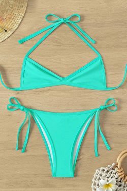 Coquette Aesthetic Pleated Beach Bikini - Y2K Fashion Halter Top