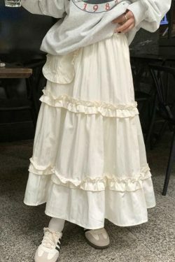 Coquette Aesthetic Pleated Elastic Waist Fungus Splice Tiered Midi Skirt