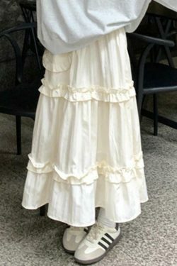 Coquette Aesthetic Pleated Elastic Waist Fungus Splice Tiered Midi Skirt