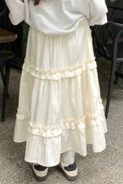 Coquette Aesthetic Pleated Elastic Waist Fungus Splice Tiered Midi Skirt