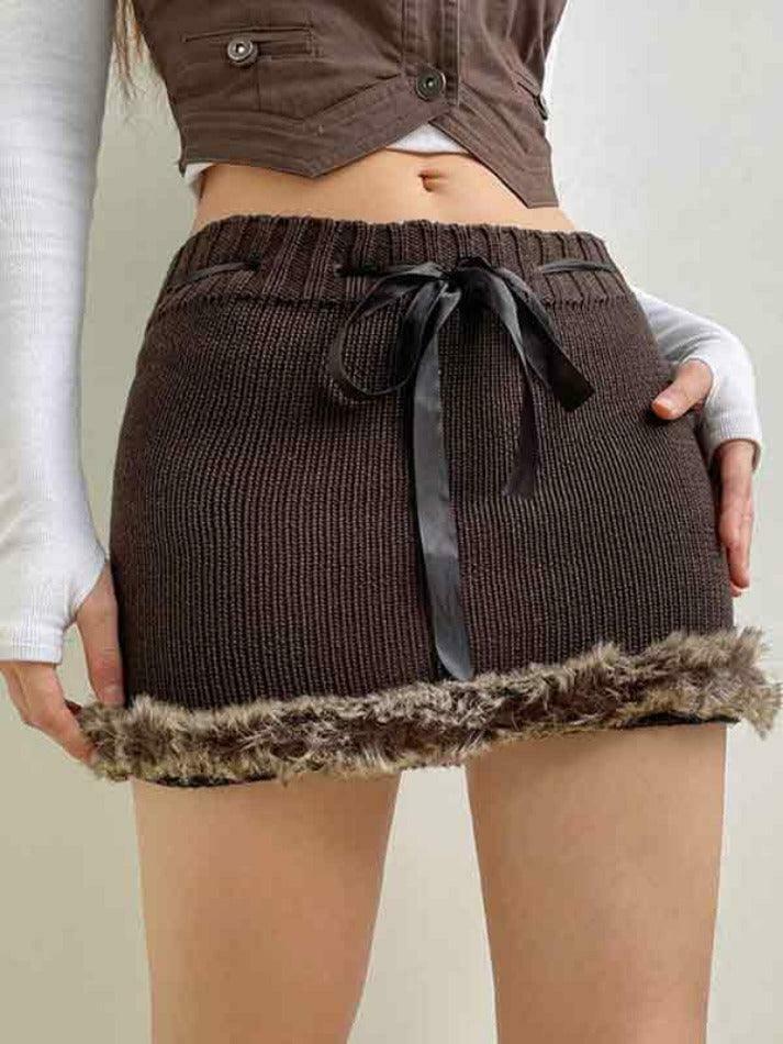 Coquette Aesthetic Plush Hem Ribbon Lace Up Mini Skirt Coquette Aesthetic Plush Hem Ribbon Lace Up Mini Skirt