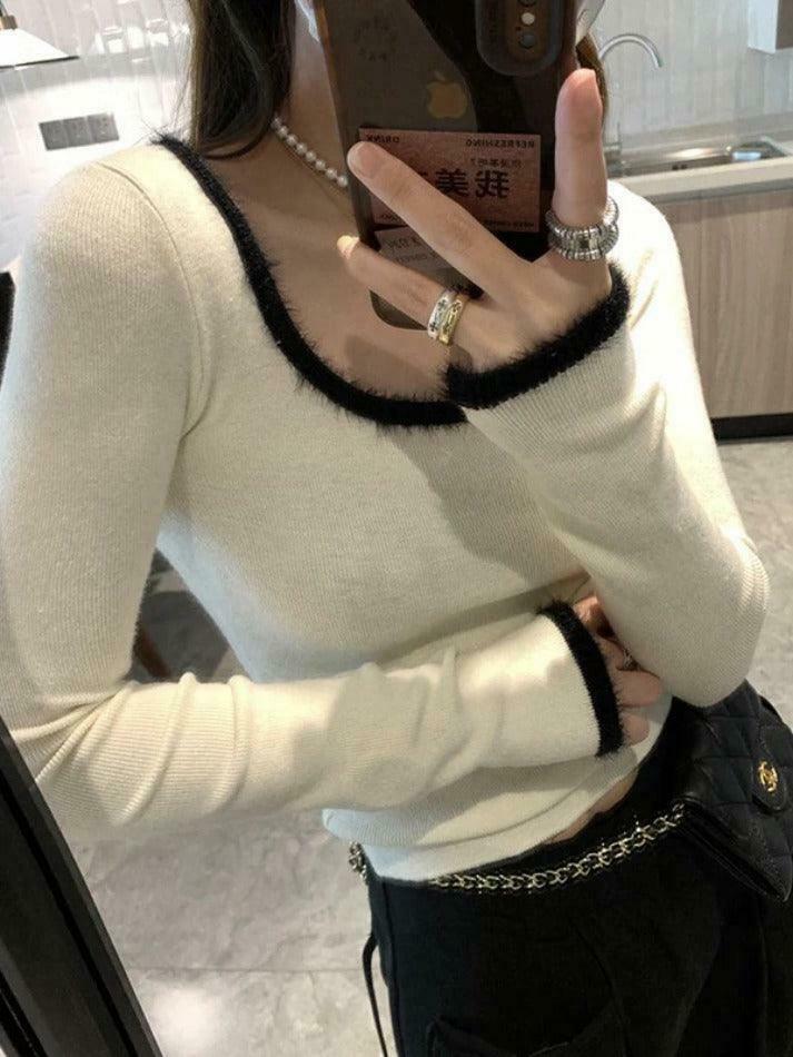 Coquette Aesthetic Plush Trim Square Neck Knit - Y2K Fashion Long Sleeve Slim Top