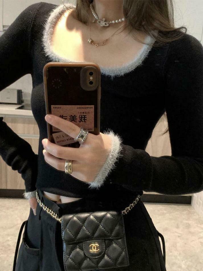 Coquette Aesthetic Plush Trim Square Neck Knit - Y2K Fashion Long Sleeve Slim Top