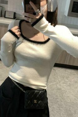 Coquette Aesthetic Plush Trim Square Neck Knit - Y2K Fashion Long Sleeve Slim Top