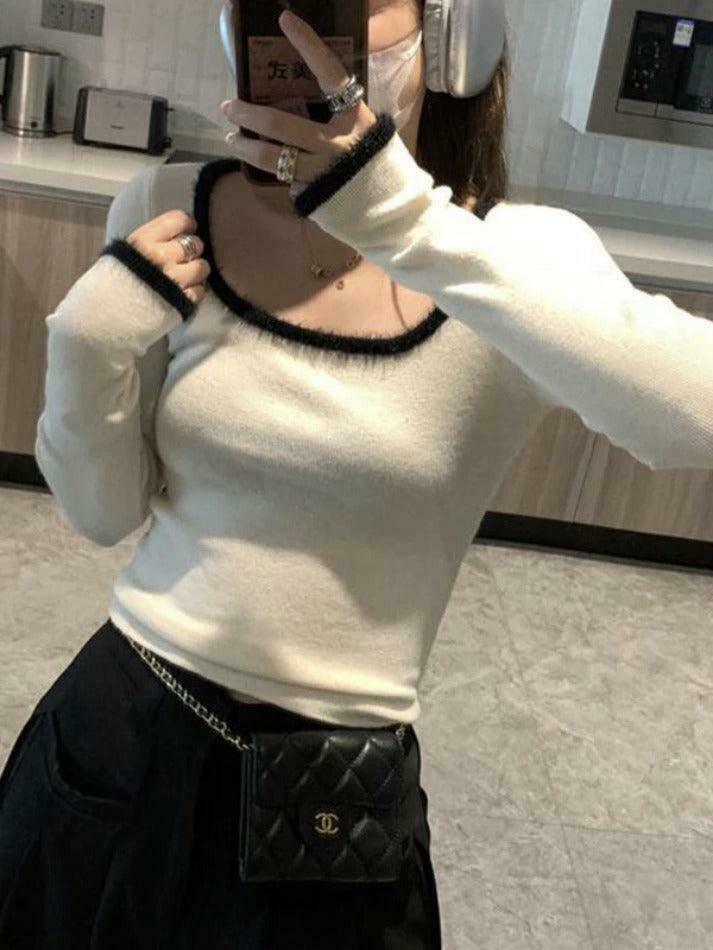 Coquette Aesthetic Plush Trim Square Neck Knit - Y2K Fashion Long Sleeve Slim Top
