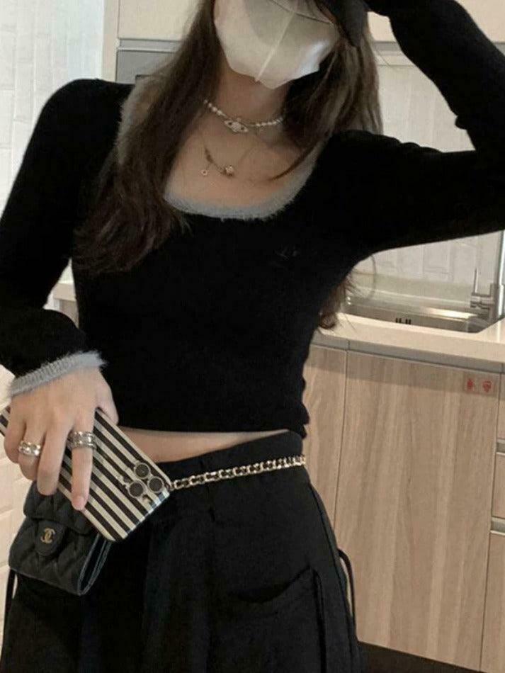 Coquette Aesthetic Plush Trim Square Neck Knit - Y2K Fashion Long Sleeve Slim Top