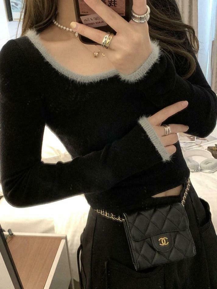 Coquette Aesthetic Plush Trim Square Neck Knit - Y2K Fashion Long Sleeve Slim Top