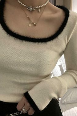 Coquette Aesthetic Plush Trim Square Neck Knit - Y2K Fashion Long Sleeve Slim Top