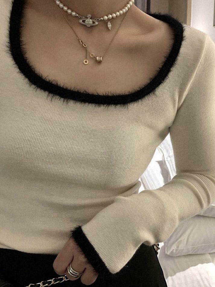 Coquette Aesthetic Plush Trim Square Neck Knit - Y2K Fashion Long Sleeve Slim Top