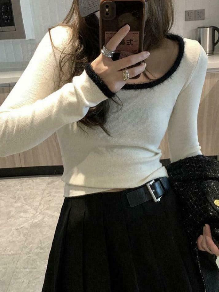 Coquette Aesthetic Plush Trim Square Neck Knit - Y2K Fashion Long Sleeve Slim Top