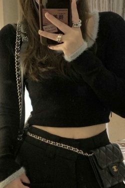 Coquette Aesthetic Plush Trim Square Neck Knit - Y2K Fashion Long Sleeve Slim Top