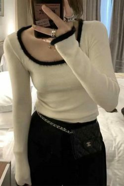 Coquette Aesthetic Plush Trim Square Neck Knit - Y2K Fashion Long Sleeve Slim Top