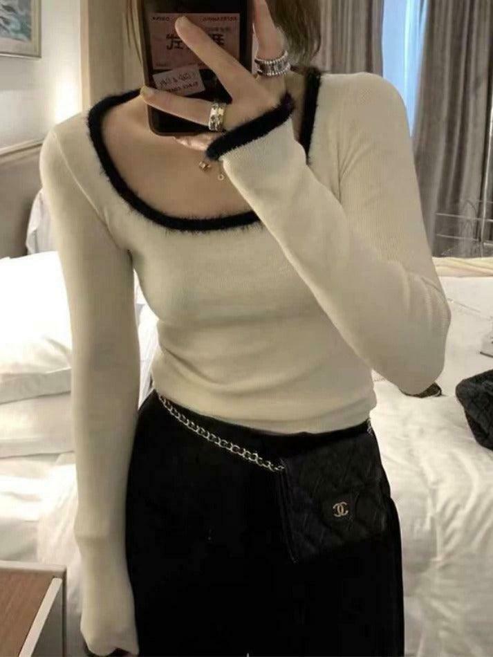 Coquette Aesthetic Plush Trim Square Neck Knit - Y2K Fashion Long Sleeve Slim Top