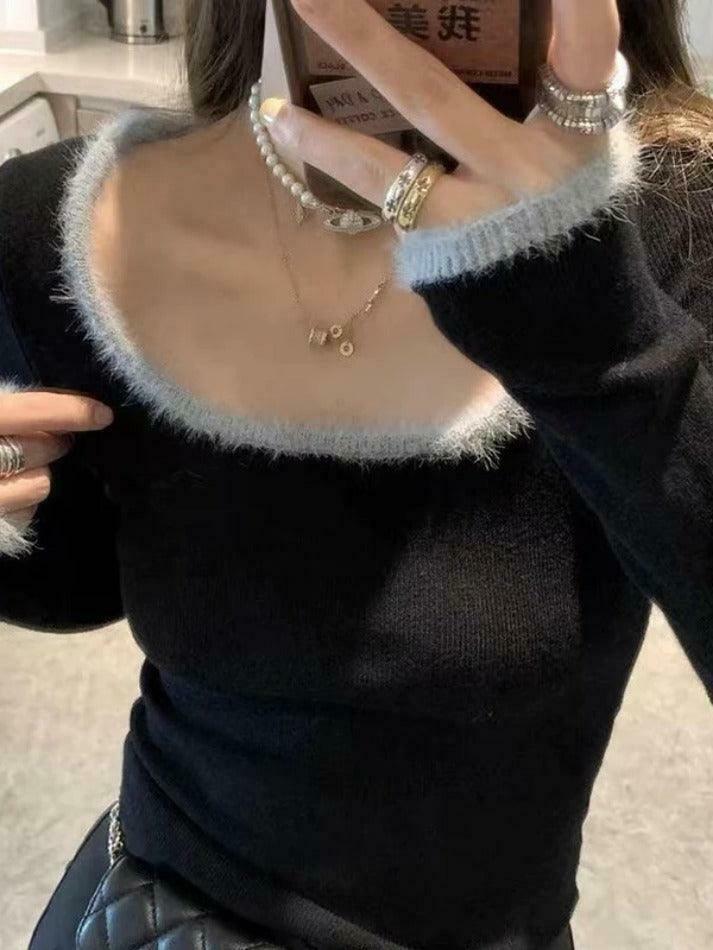 Coquette Aesthetic Plush Trim Square Neck Knit - Y2K Fashion Long Sleeve Slim Top