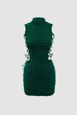 Coquette Aesthetic Popcorn Textured Mini Dress with Tie Side