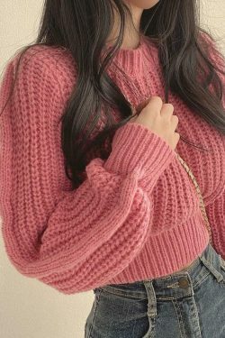 Coquette Aesthetic Puff Sleeve Crop Sweater in Pastel Goth Style