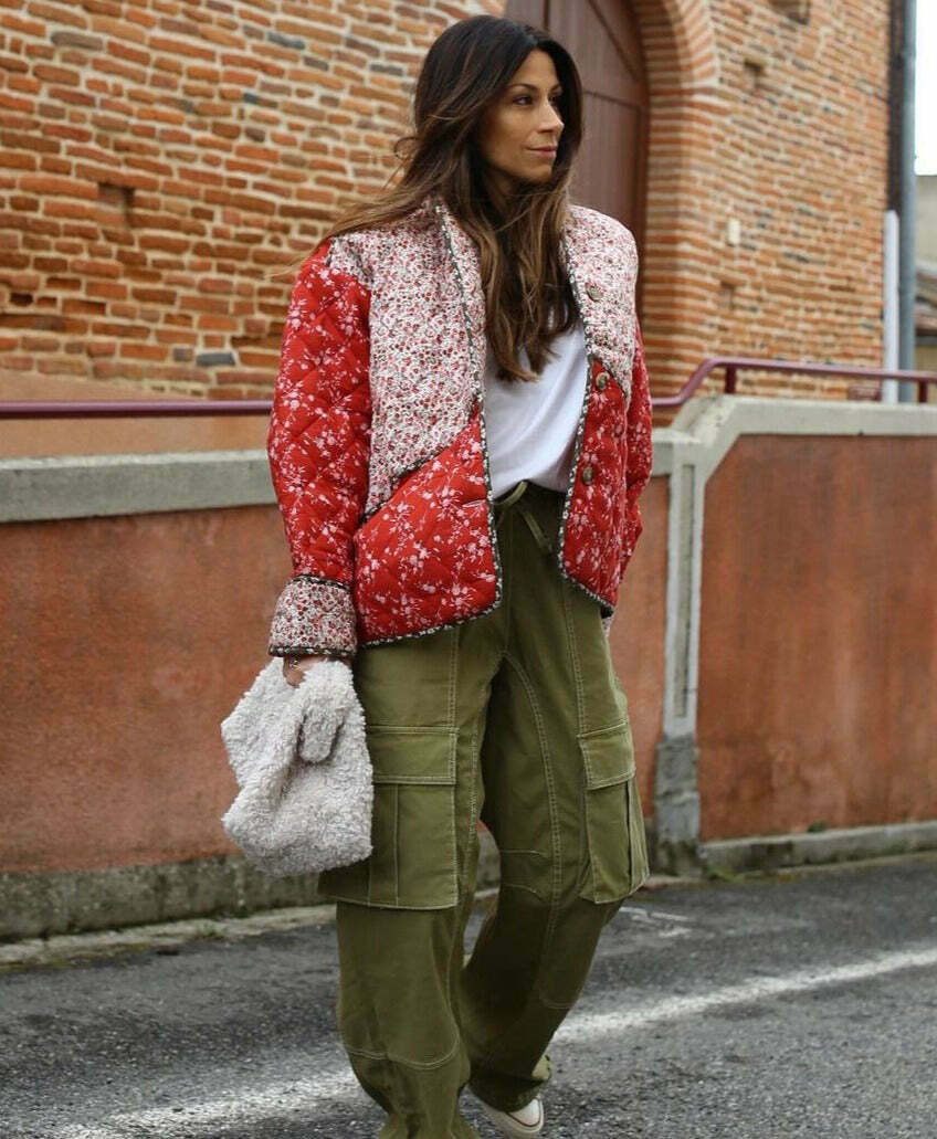 Coquette Aesthetic Red Floral Padded Short Coat - Vintage-inspired Y2K Fashion Statement Coquette Aesthetic Red Floral Padded Short Coat - Vintage-inspired Y2K Fashion Statement