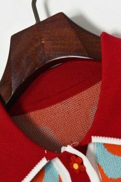 Coquette Aesthetic Red Flowers Knit Top - Y2K Fashion Women's Clothing