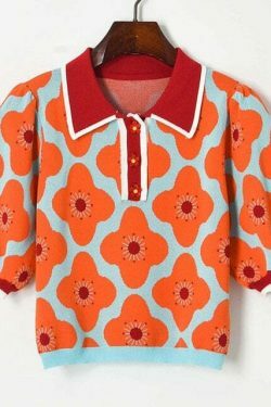 Coquette Aesthetic Red Flowers Knit Top - Y2K Fashion Women's Clothing